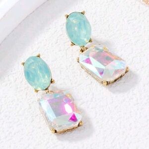 New Turquoise Iridescent Rhinestone Crystal Golden Drop Earrings